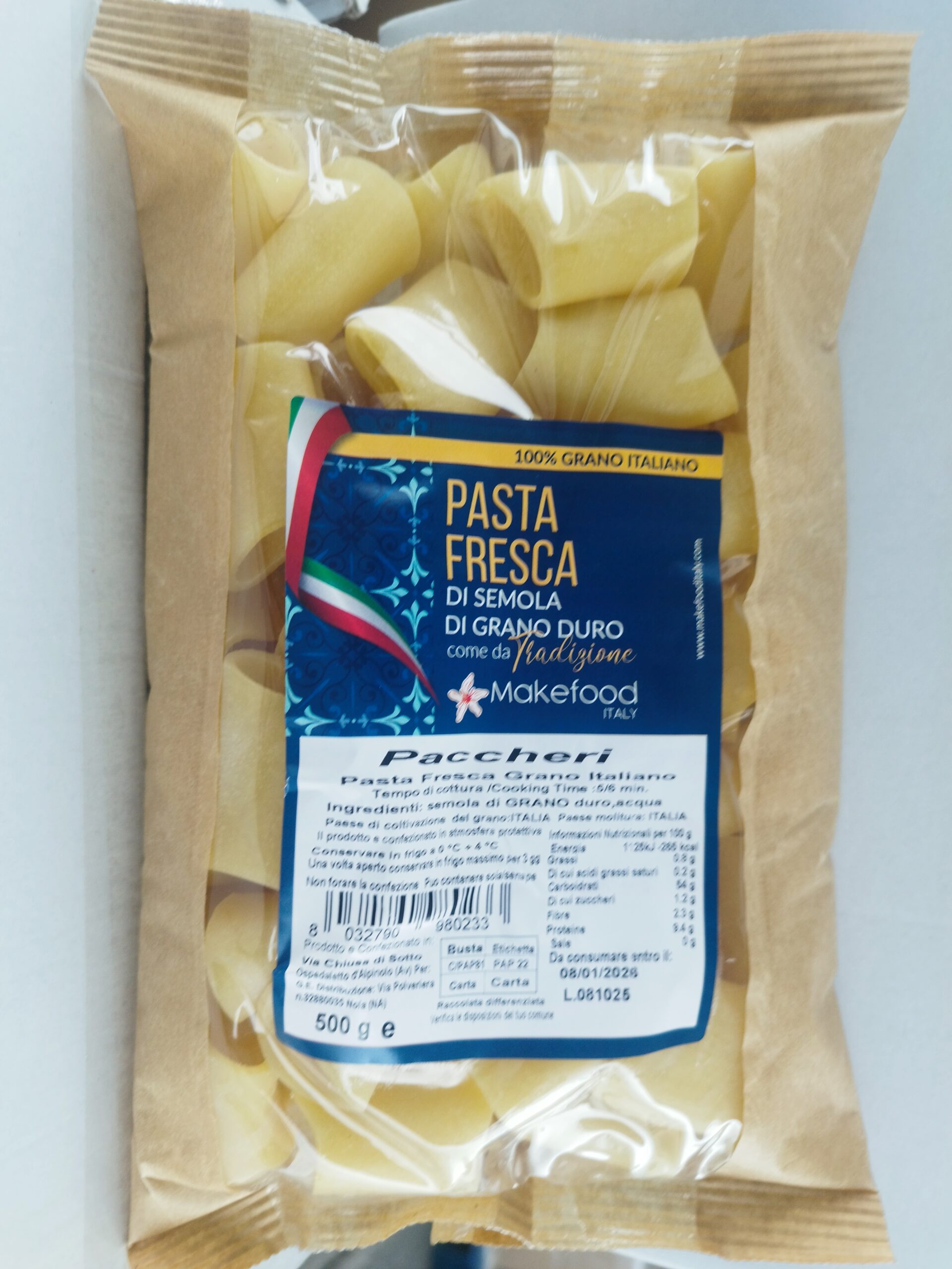 Paccheri freschi italiani – Pasta di semola di grano duro al 100% (500 g)